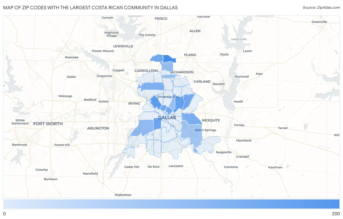 Zip Codes with the Largest Costa Rican Community in Dallas Map
