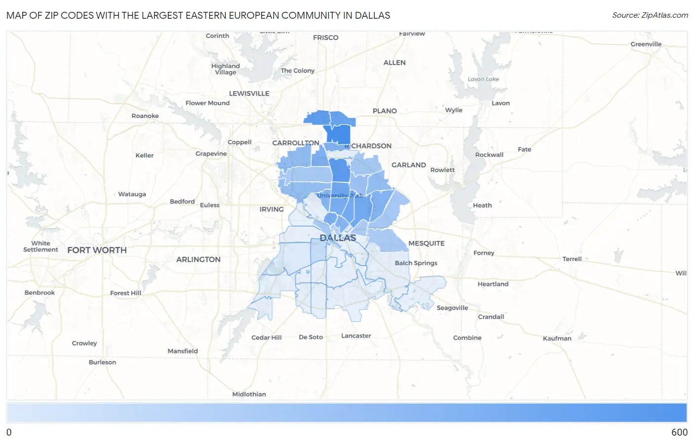 Zip Codes with the Largest Eastern European Community in Dallas Map