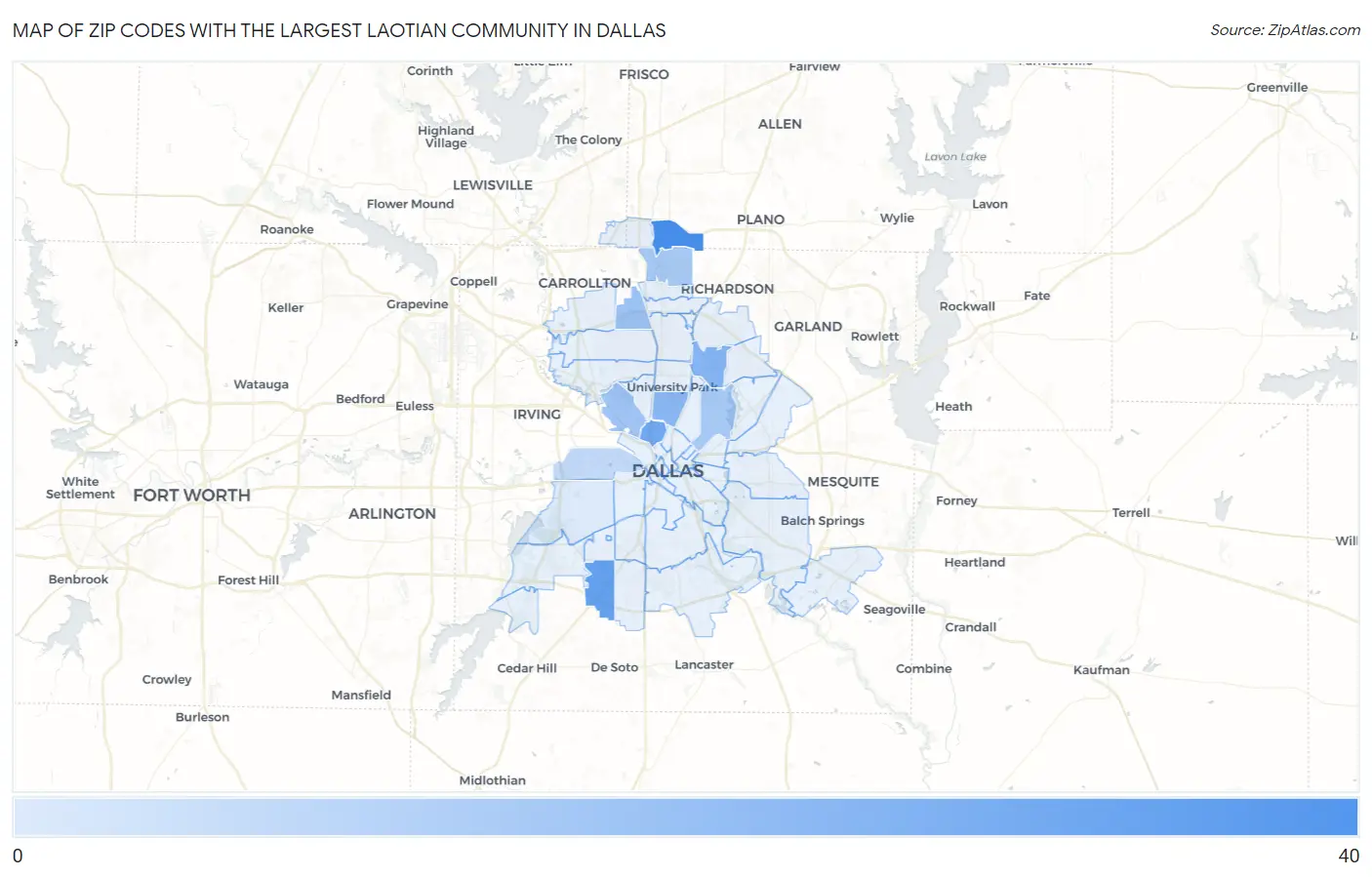 Zip Codes with the Largest Laotian Community in Dallas Map
