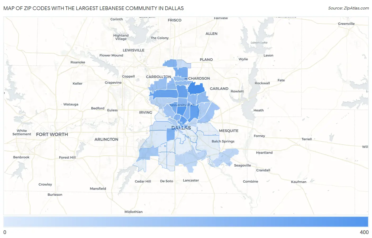 Zip Codes with the Largest Lebanese Community in Dallas Map