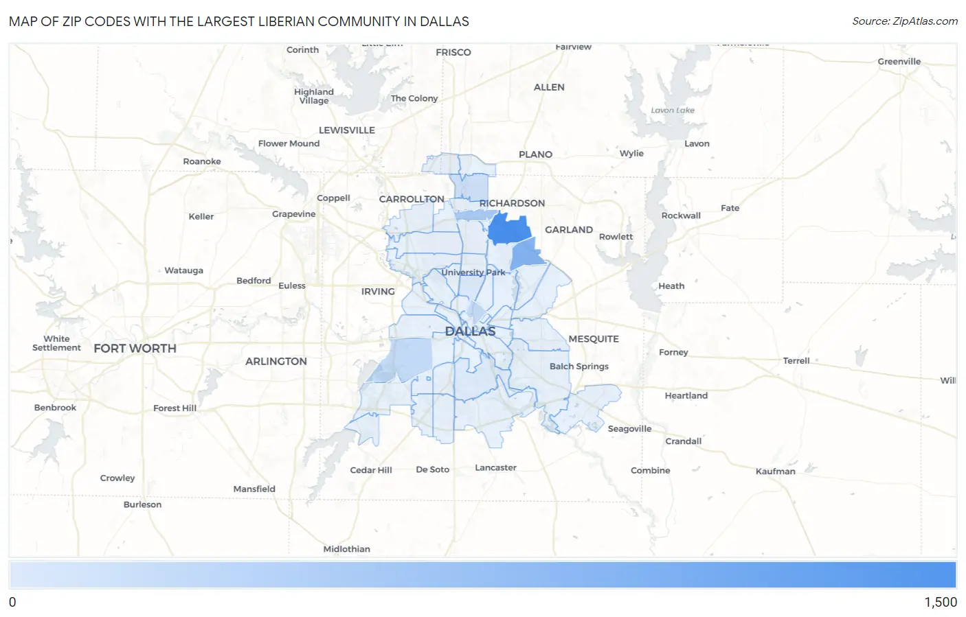 Zip Codes with the Largest Liberian Community in Dallas Map