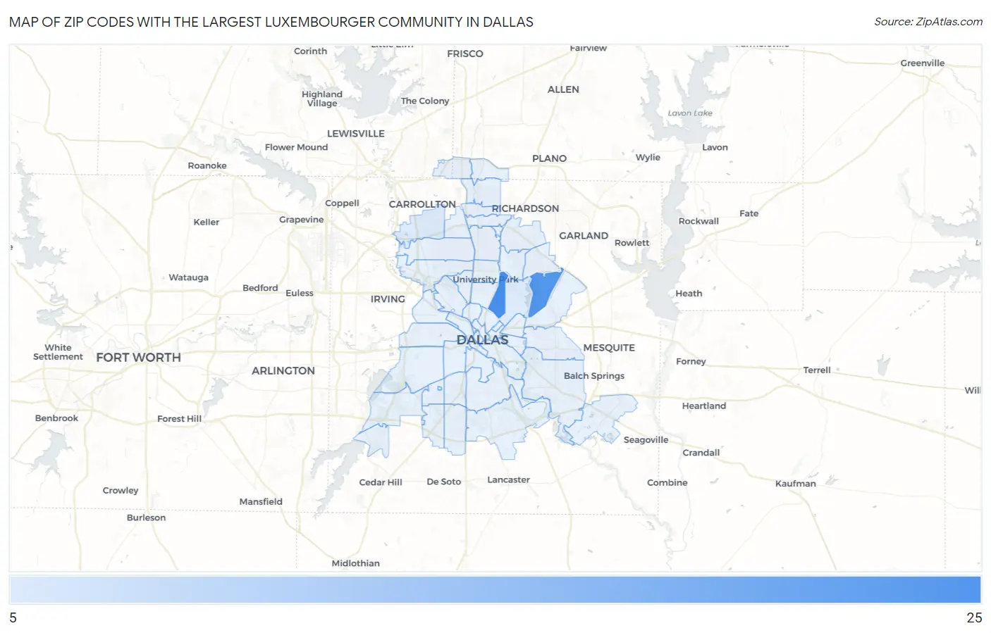 Zip Codes with the Largest Luxembourger Community in Dallas Map