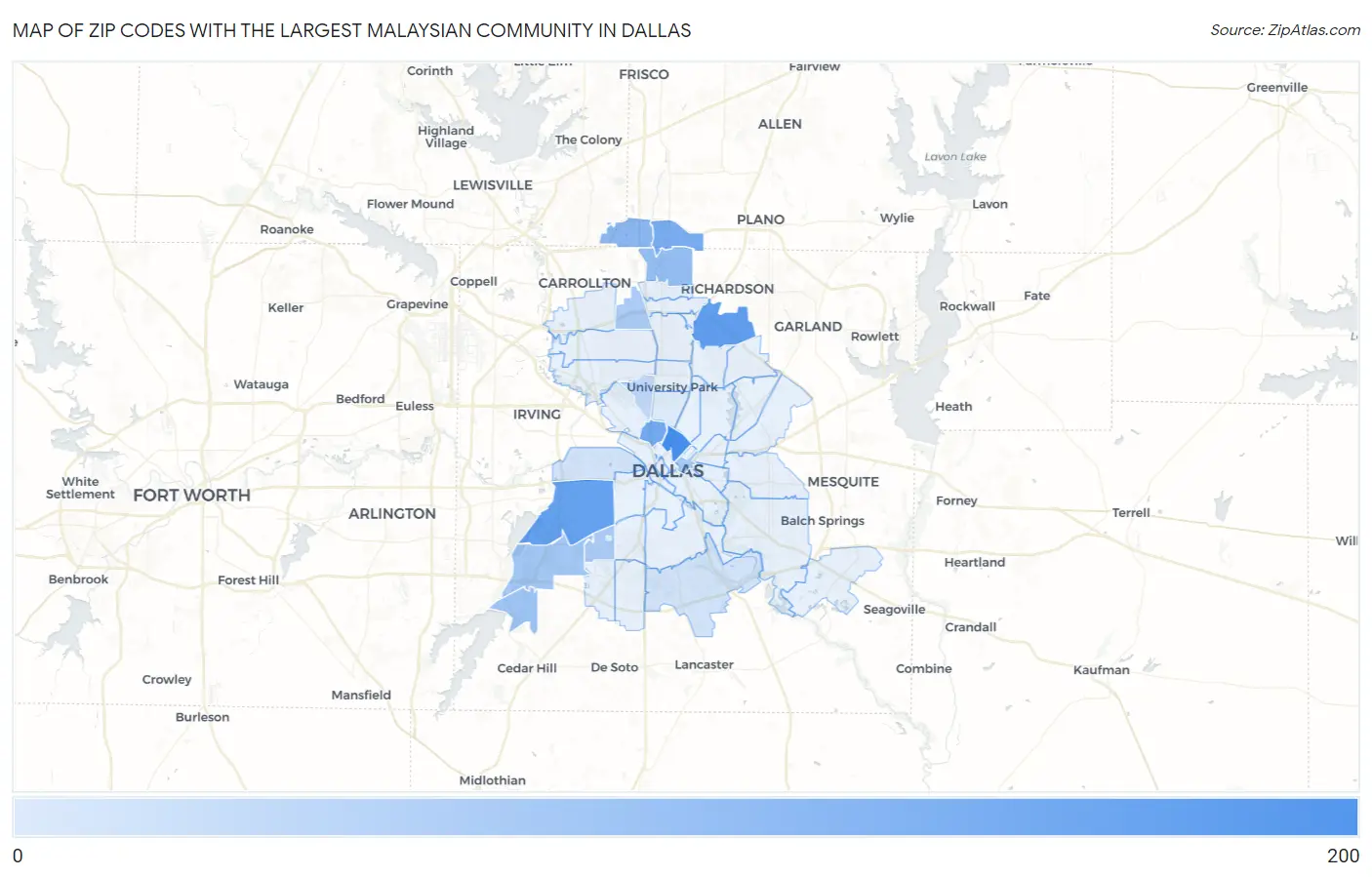 Zip Codes with the Largest Malaysian Community in Dallas Map
