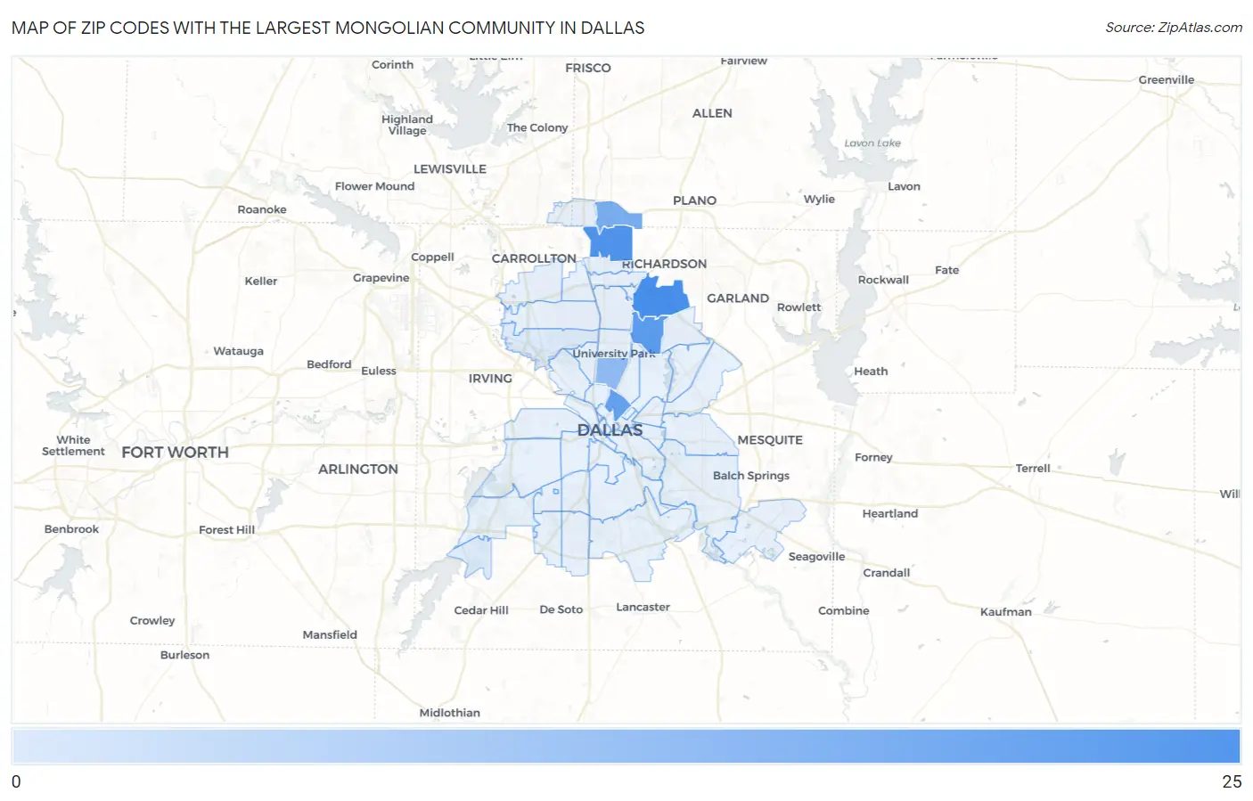 Zip Codes with the Largest Mongolian Community in Dallas Map