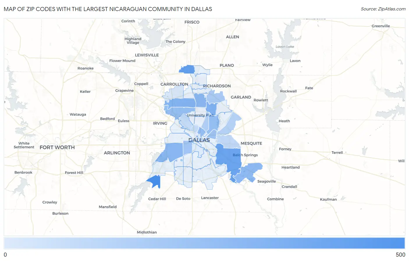 Zip Codes with the Largest Nicaraguan Community in Dallas Map