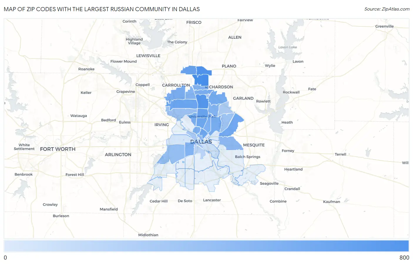Zip Codes with the Largest Russian Community in Dallas Map