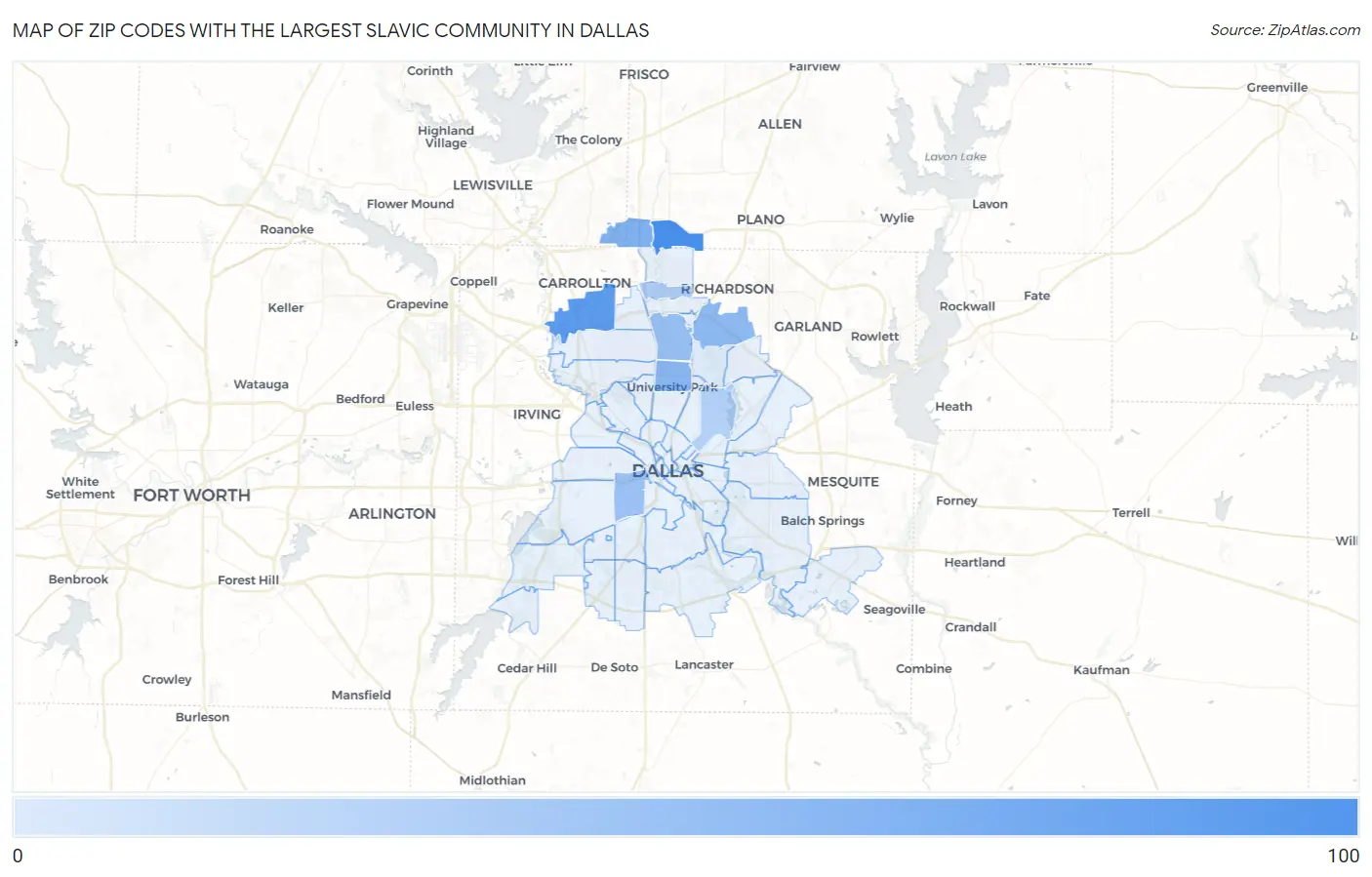 Zip Codes with the Largest Slavic Community in Dallas Map
