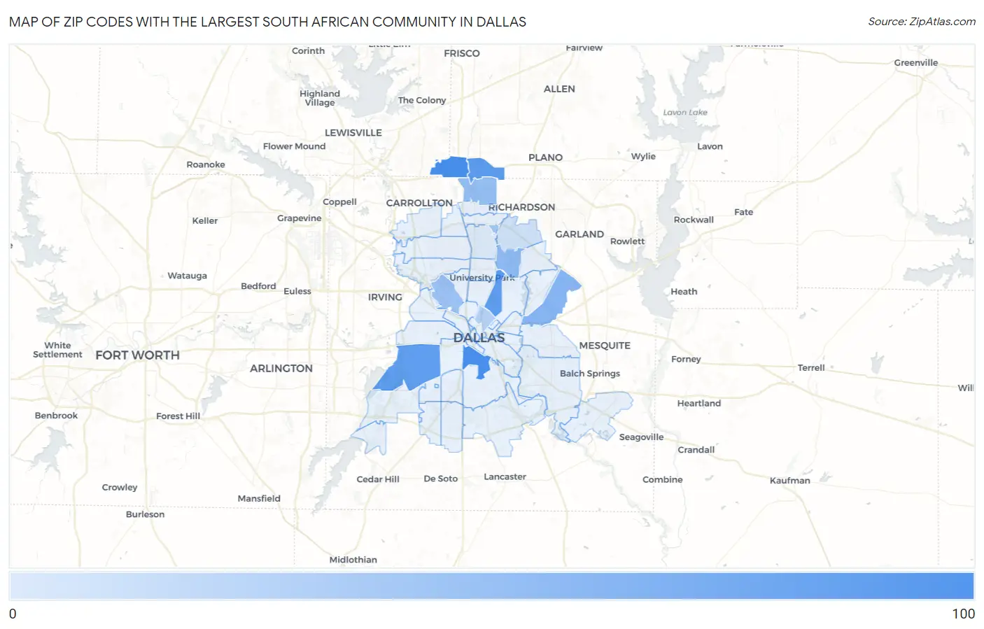 Zip Codes with the Largest South African Community in Dallas Map