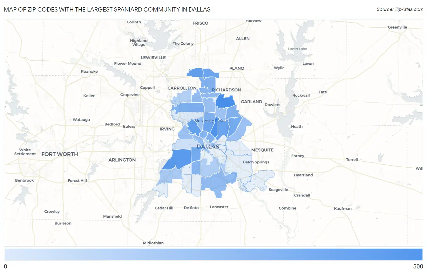 Zip Codes with the Largest Spaniard Community in Dallas Map