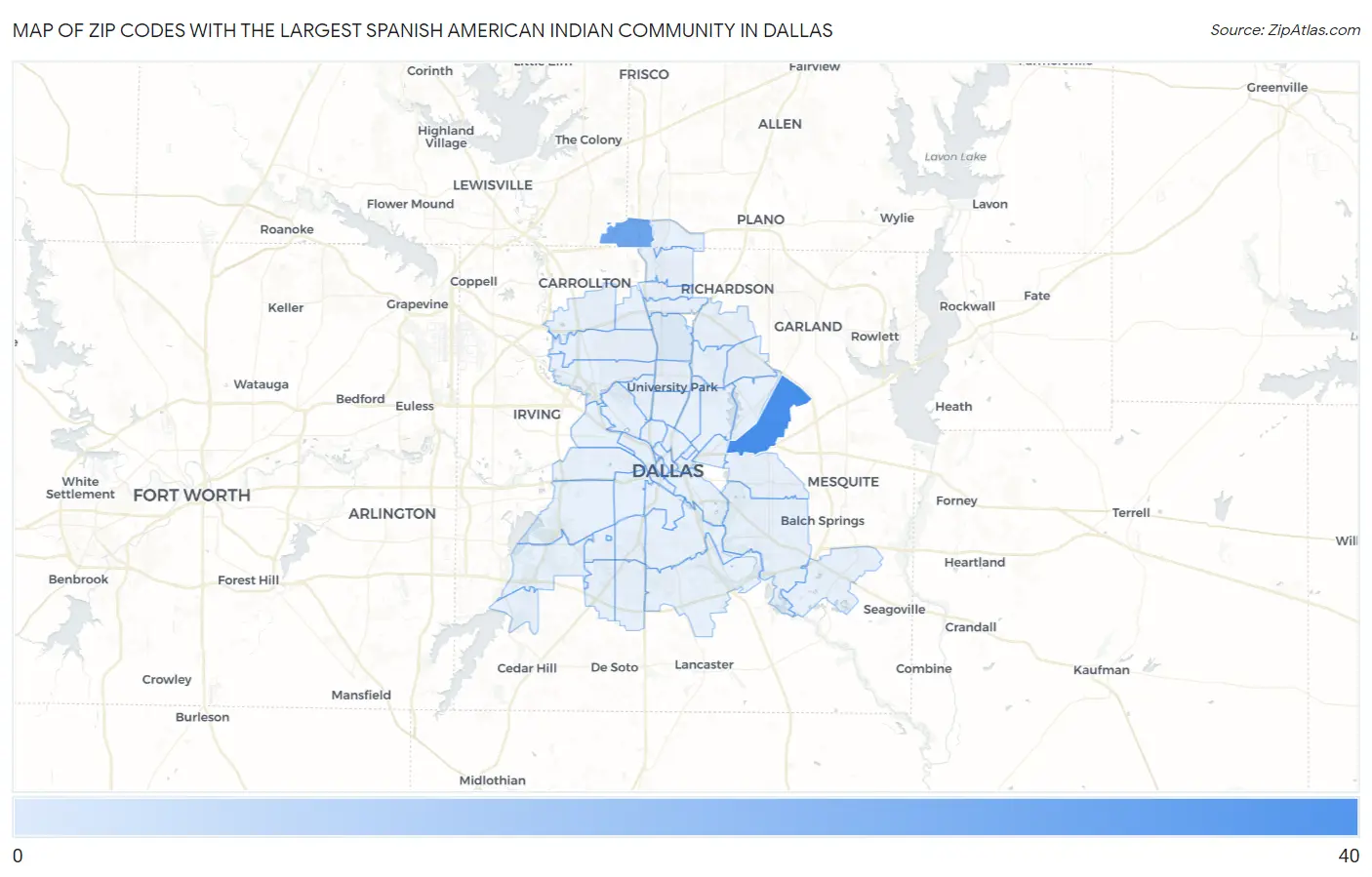 Zip Codes with the Largest Spanish American Indian Community in Dallas Map