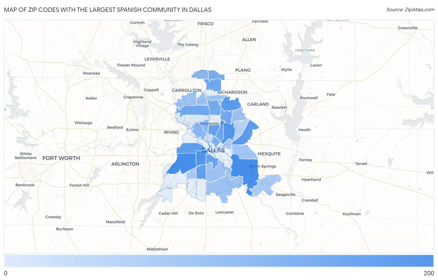 Zip Codes with the Largest Spanish Community in Dallas Map