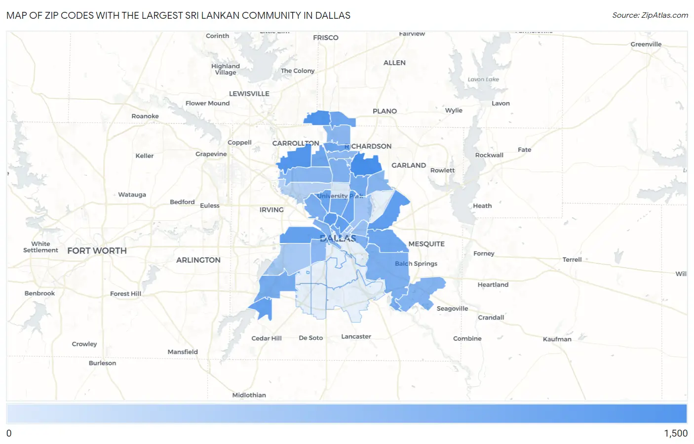 Zip Codes with the Largest Sri Lankan Community in Dallas Map