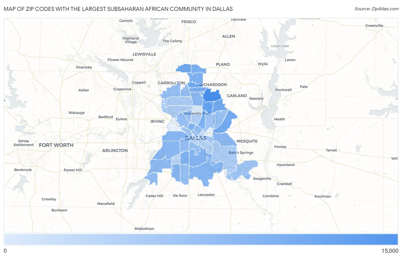 Zip Codes with the Largest Subsaharan African Community in Dallas Map