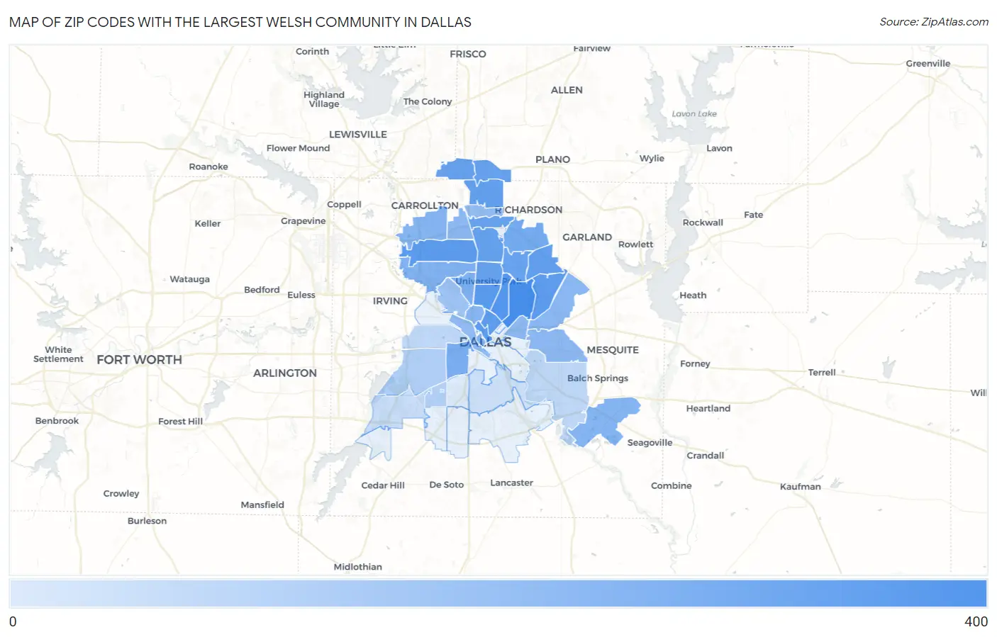 Zip Codes with the Largest Welsh Community in Dallas Map