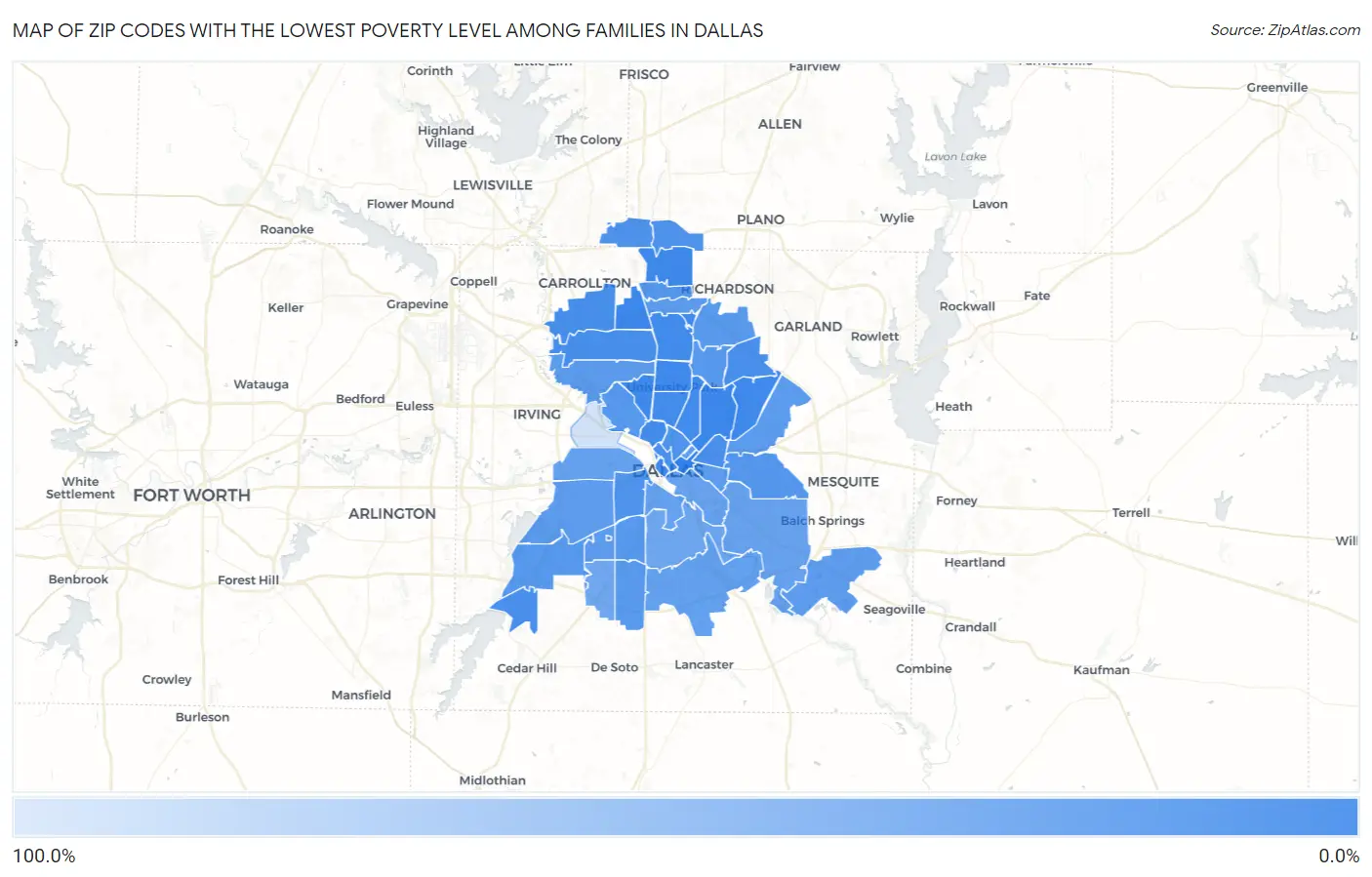 Zip Codes with the Lowest Poverty Level Among Families in Dallas Map