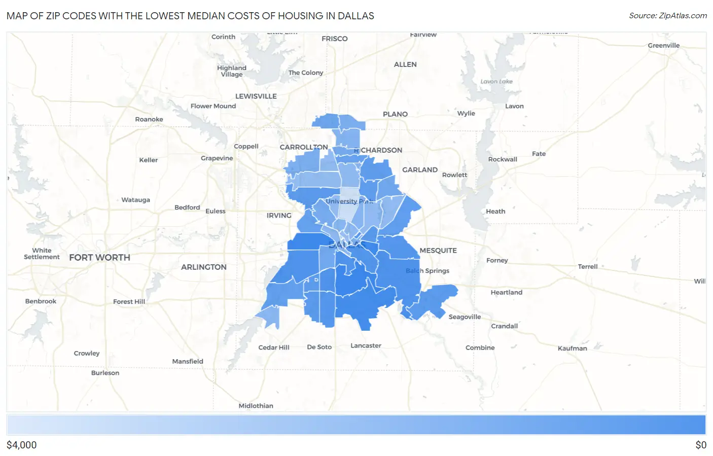 Zip Codes with the Lowest Median Costs of Housing in Dallas Map