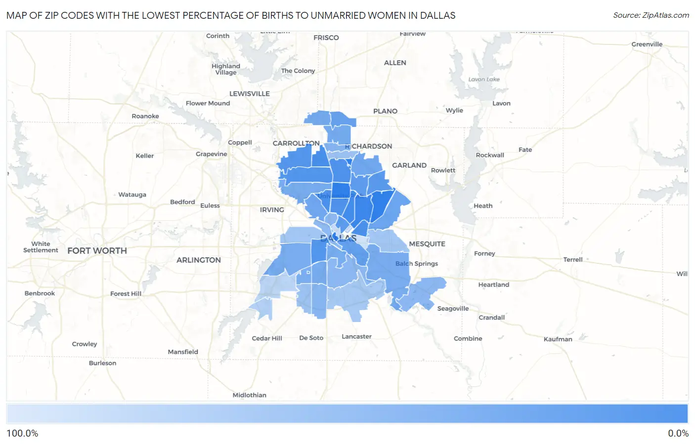 Zip Codes with the Lowest Percentage of Births to Unmarried Women in Dallas Map
