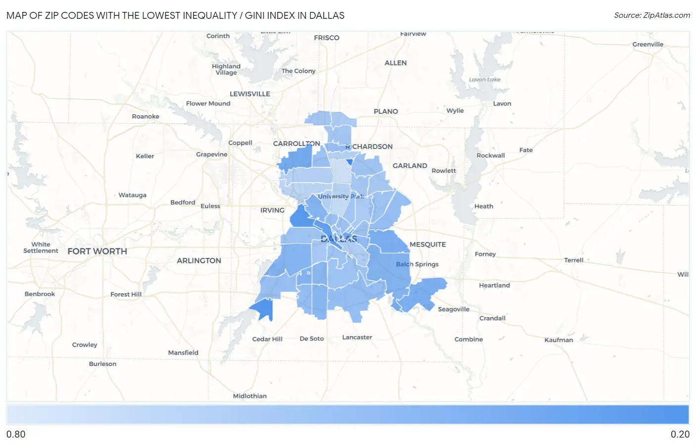 Zip Codes with the Lowest Inequality / Gini Index in Dallas Map
