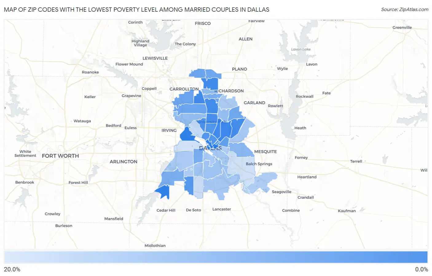 Zip Codes with the Lowest Poverty Level Among Married Couples in Dallas Map