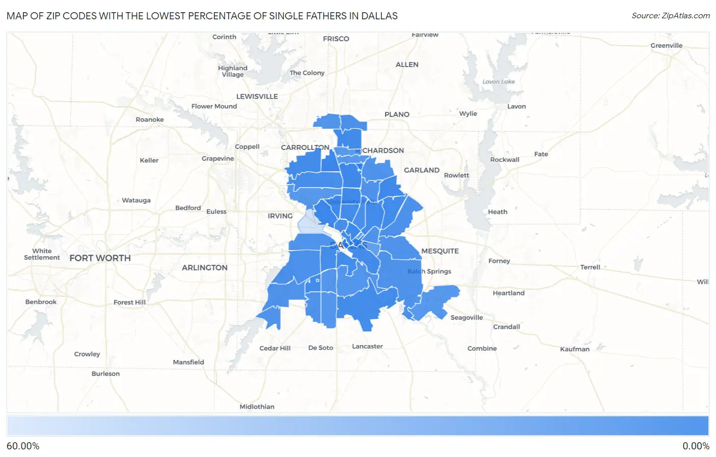 Zip Codes with the Lowest Percentage of Single Fathers in Dallas Map