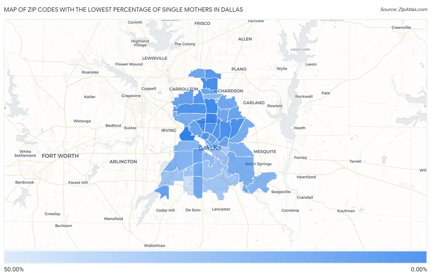 Zip Codes with the Lowest Percentage of Single Mothers in Dallas Map