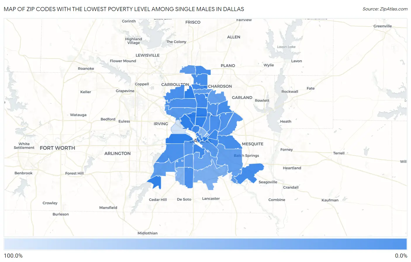 Zip Codes with the Lowest Poverty Level Among Single Males in Dallas Map