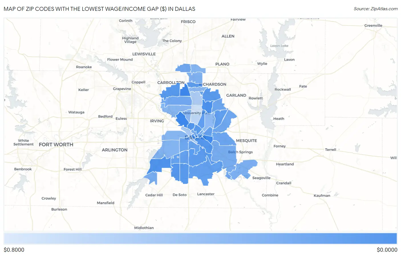 Zip Codes with the Lowest Wage/Income Gap ($) in Dallas Map