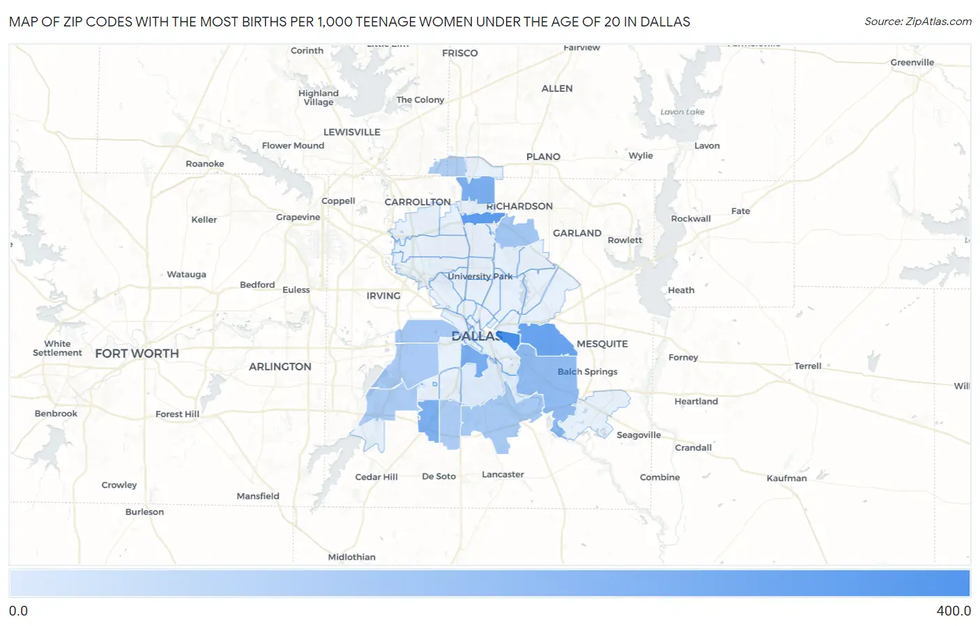 Zip Codes with the Most Births per 1,000 Teenage Women Under the Age of 20 in Dallas Map