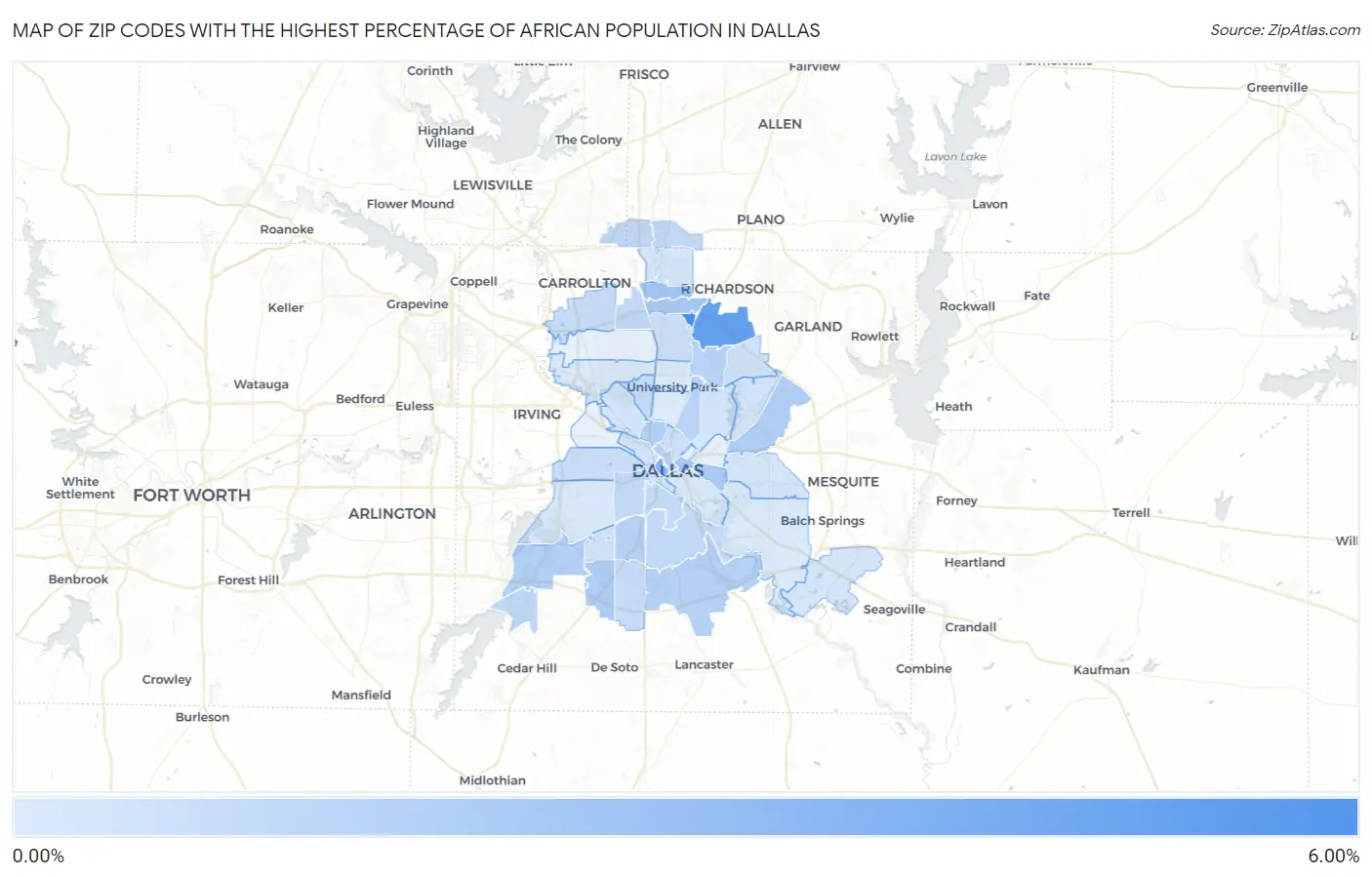 Zip Codes with the Highest Percentage of African Population in Dallas Map