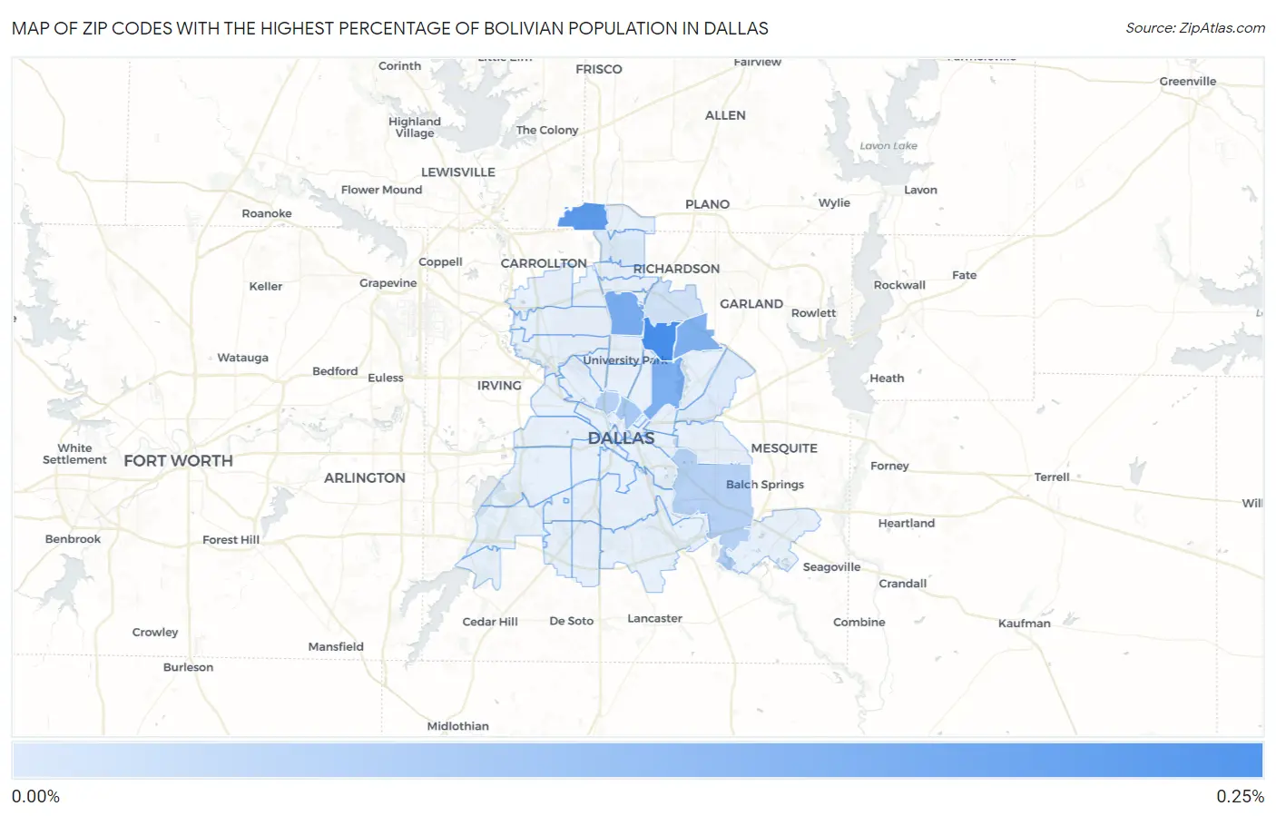 Zip Codes with the Highest Percentage of Bolivian Population in Dallas Map
