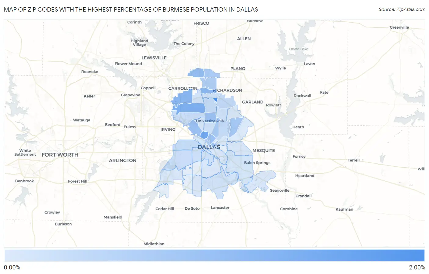 Zip Codes with the Highest Percentage of Burmese Population in Dallas Map