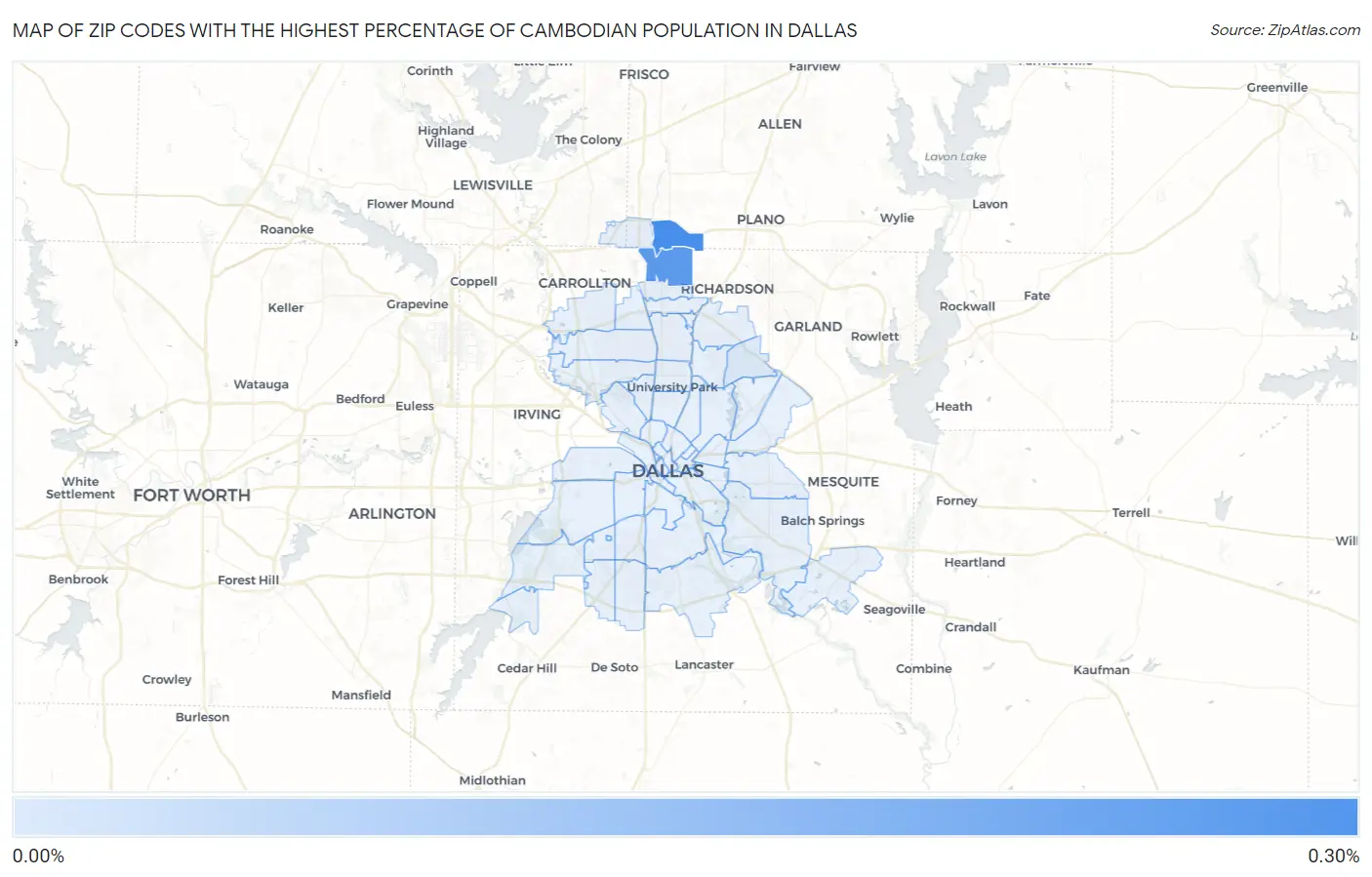 Zip Codes with the Highest Percentage of Cambodian Population in Dallas Map