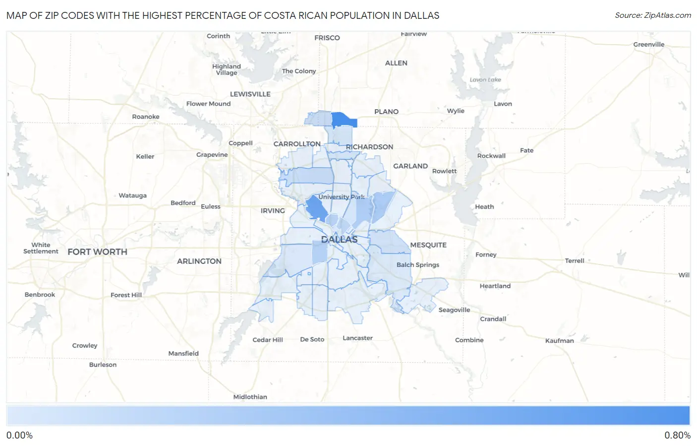 Zip Codes with the Highest Percentage of Costa Rican Population in Dallas Map