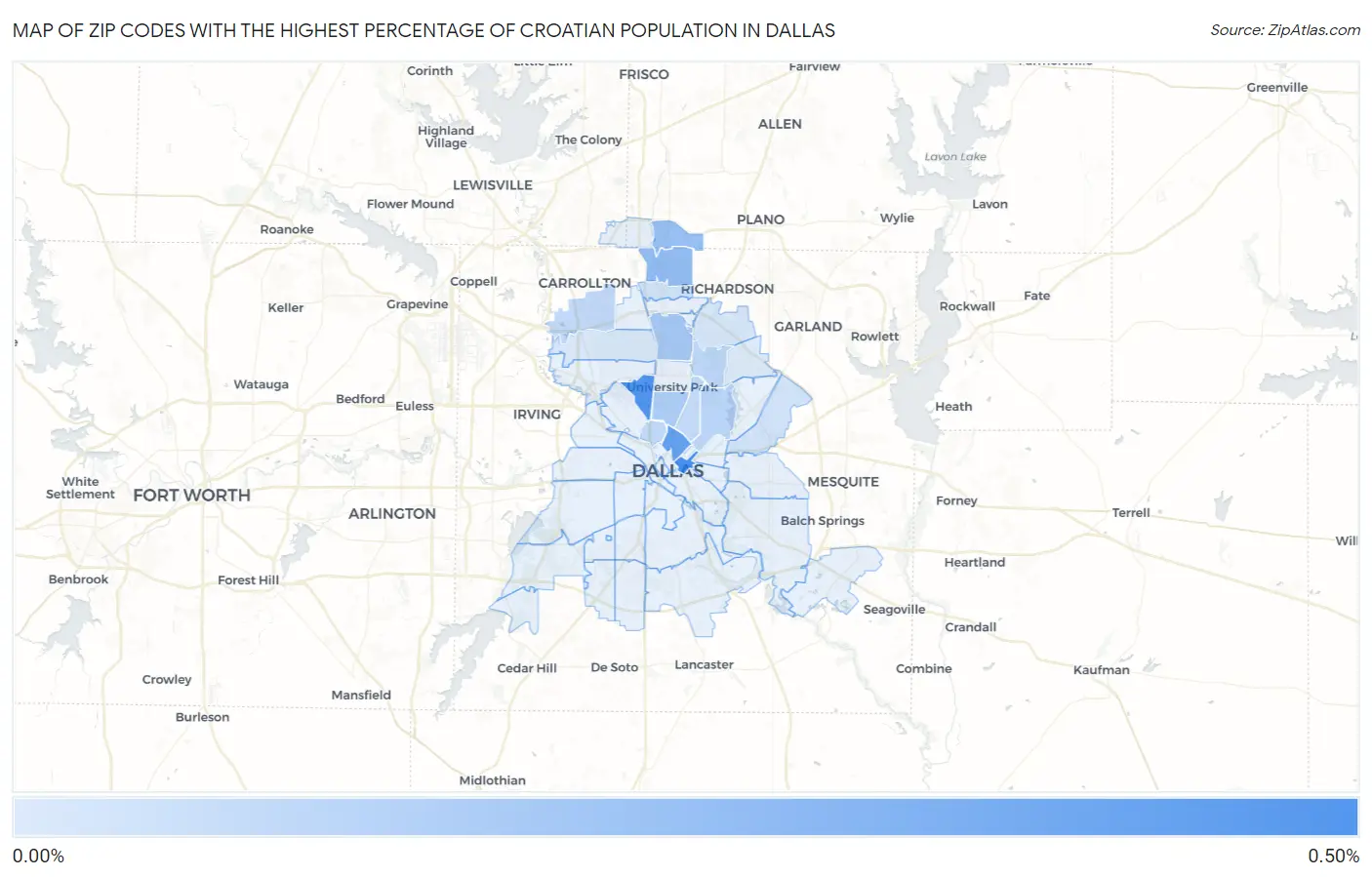Zip Codes with the Highest Percentage of Croatian Population in Dallas Map