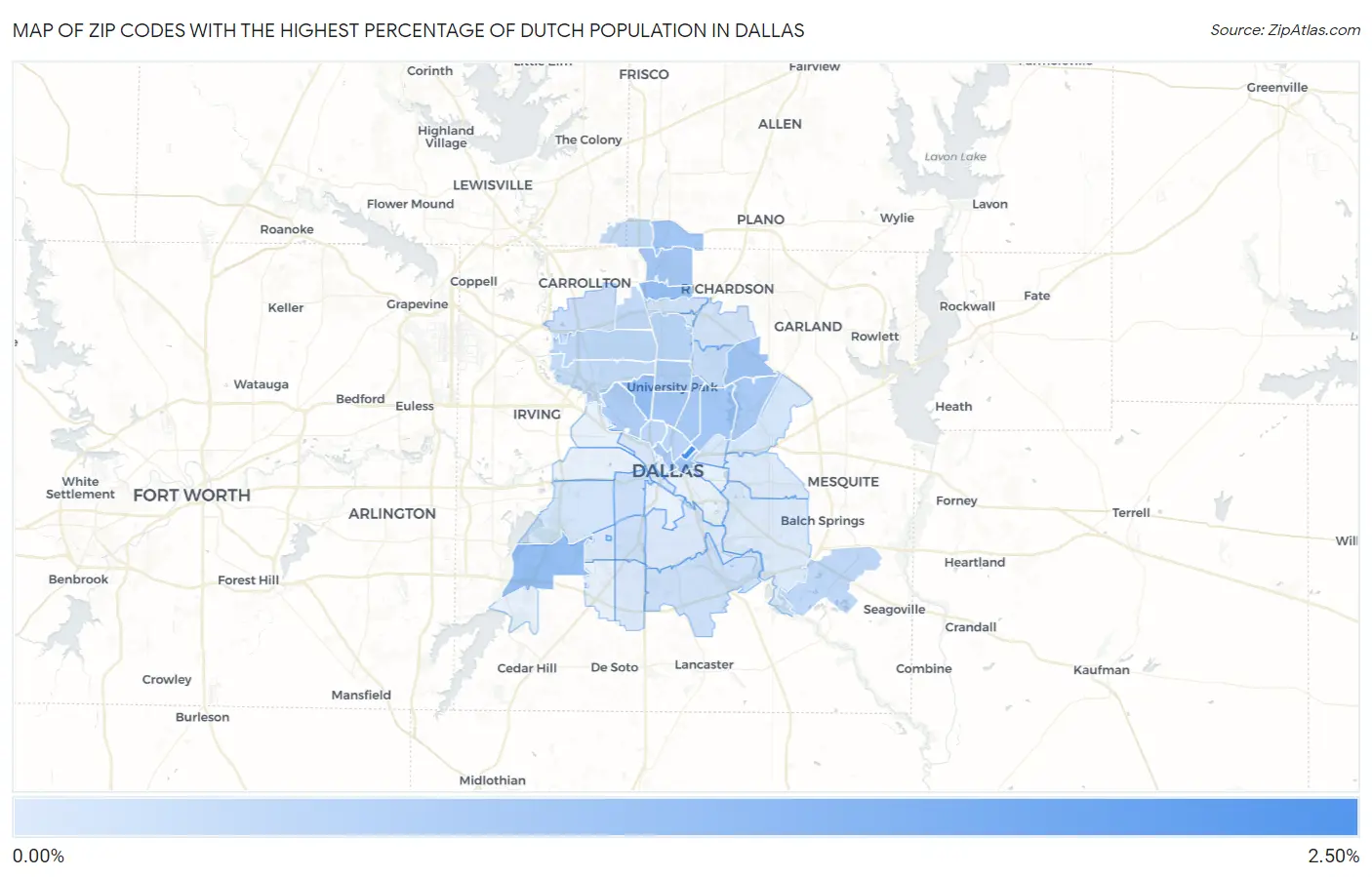 Zip Codes with the Highest Percentage of Dutch Population in Dallas Map