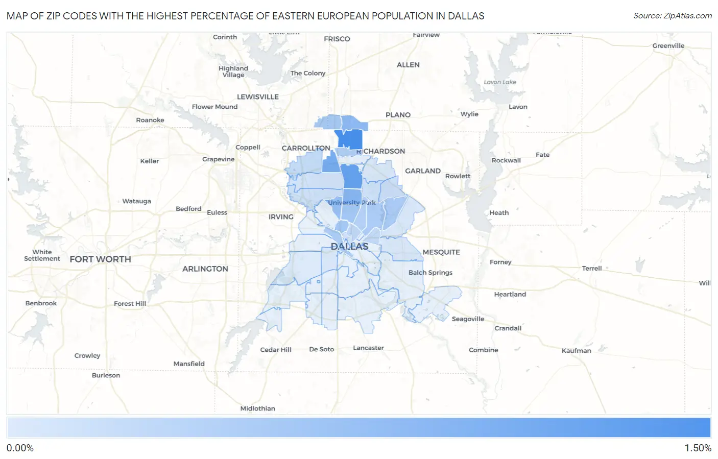 Zip Codes with the Highest Percentage of Eastern European Population in Dallas Map