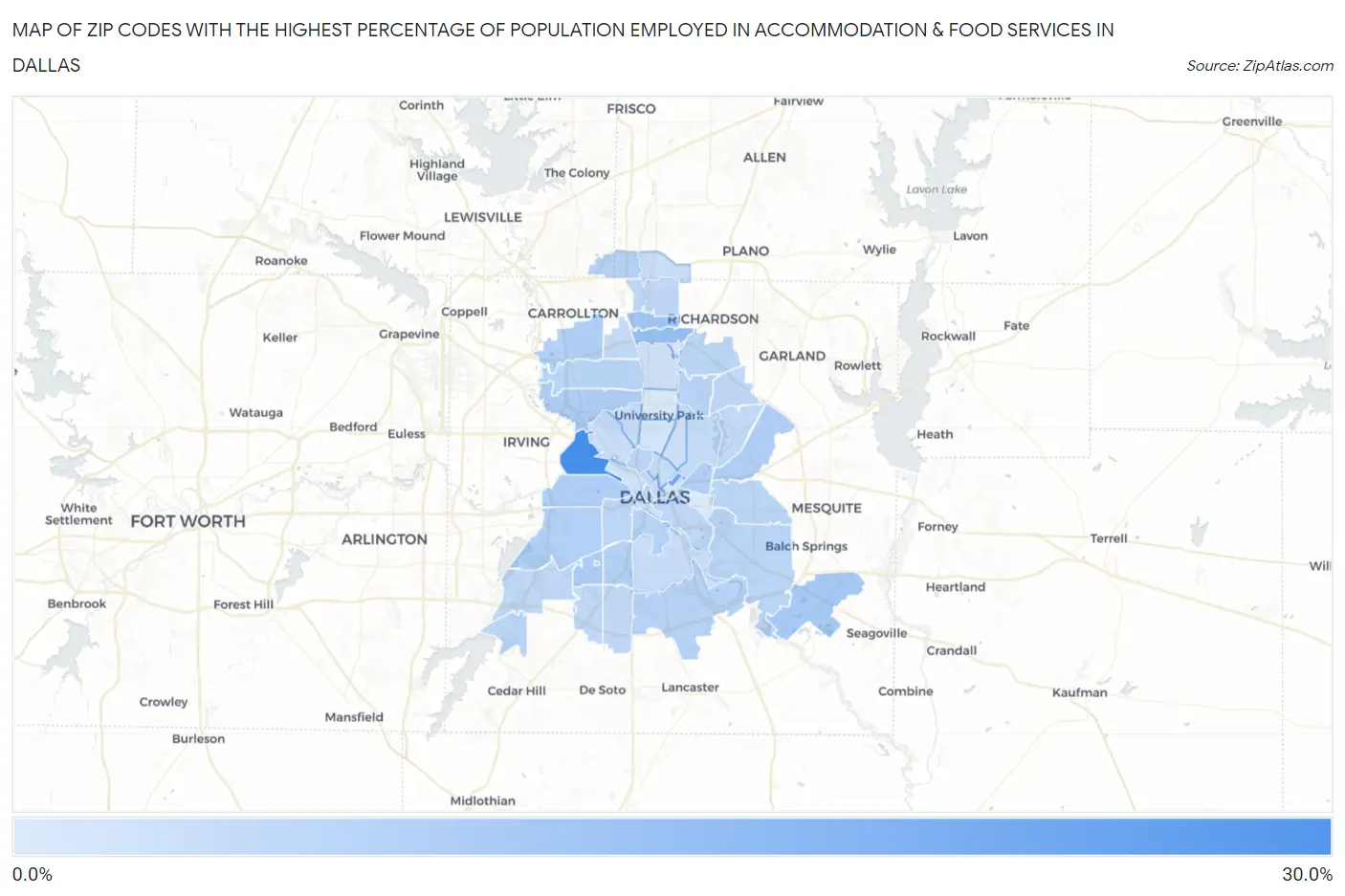 Zip Codes with the Highest Percentage of Population Employed in Accommodation & Food Services in Dallas Map