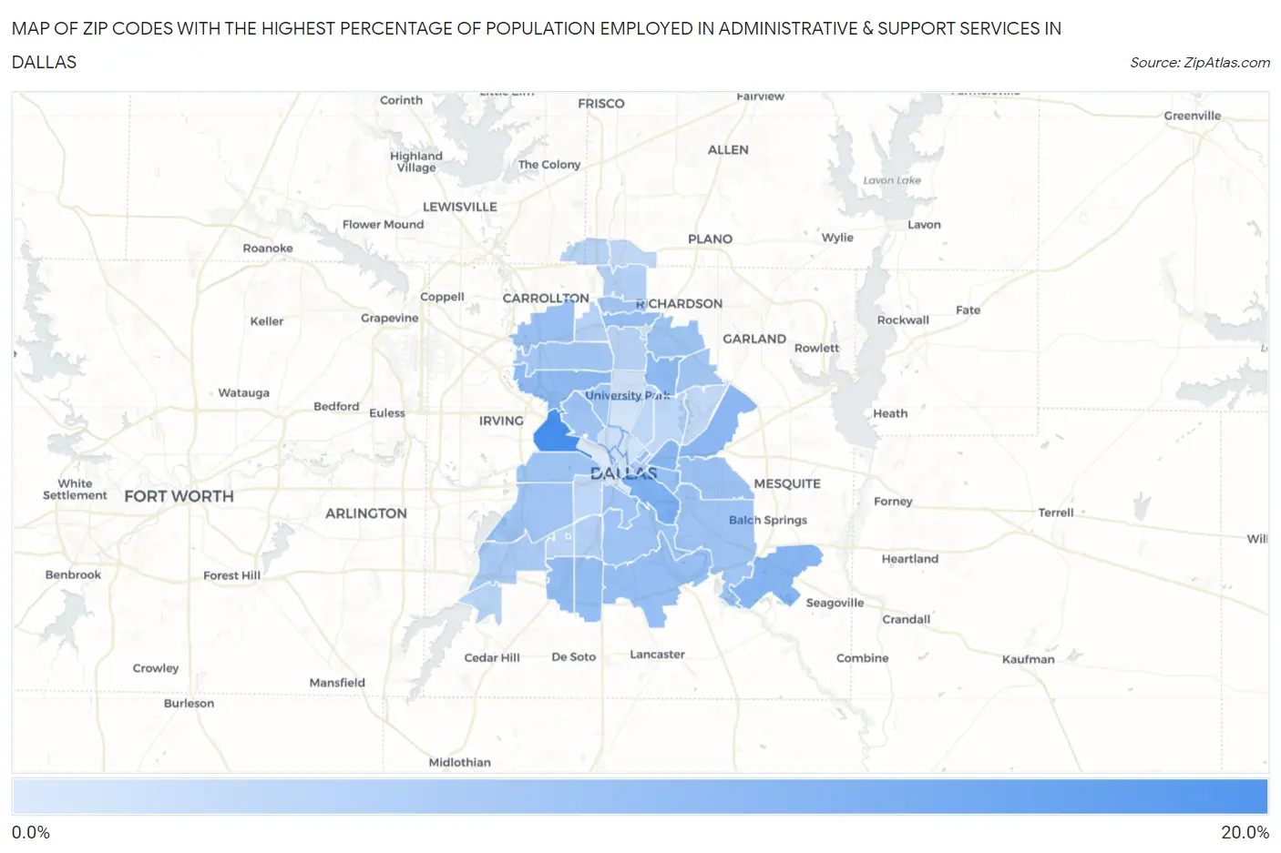 Zip Codes with the Highest Percentage of Population Employed in Administrative & Support Services in Dallas Map