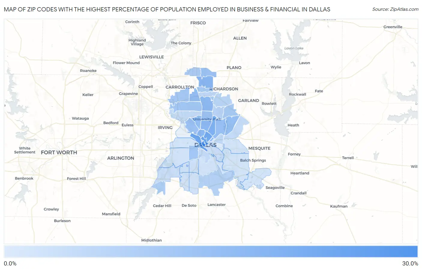 Zip Codes with the Highest Percentage of Population Employed in Business & Financial in Dallas Map