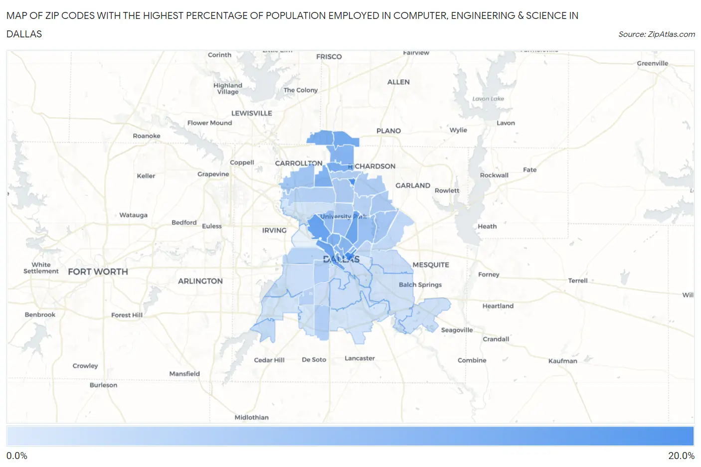 Zip Codes with the Highest Percentage of Population Employed in Computer, Engineering & Science in Dallas Map