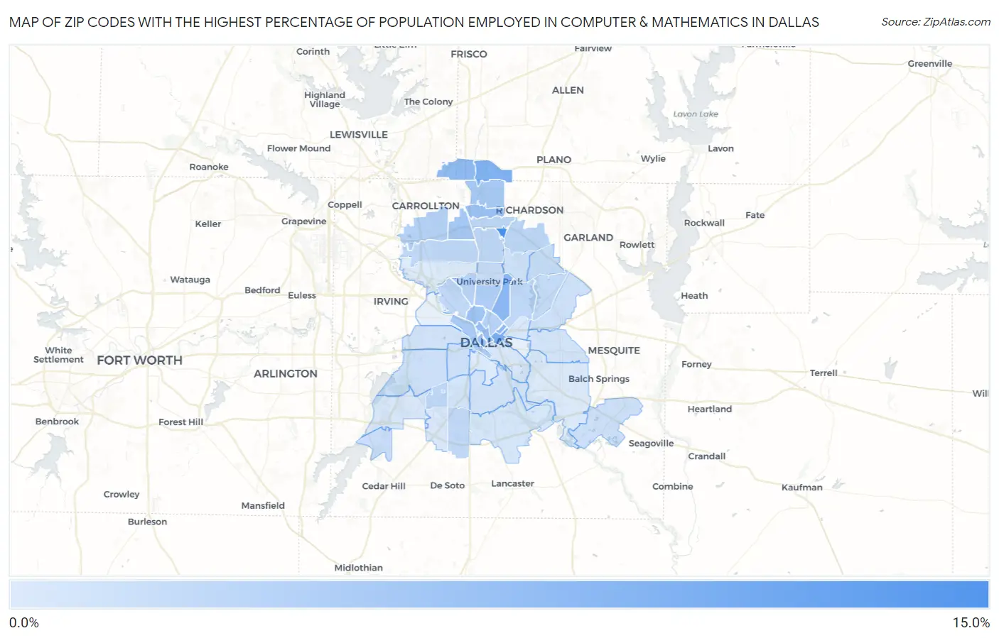 Zip Codes with the Highest Percentage of Population Employed in Computer & Mathematics in Dallas Map