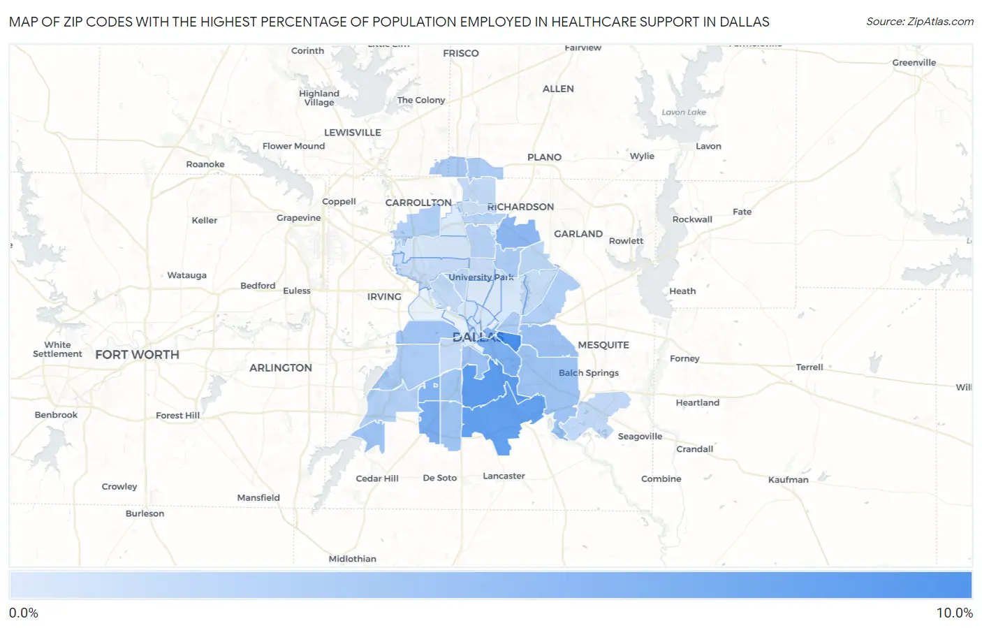 Zip Codes with the Highest Percentage of Population Employed in Healthcare Support in Dallas Map