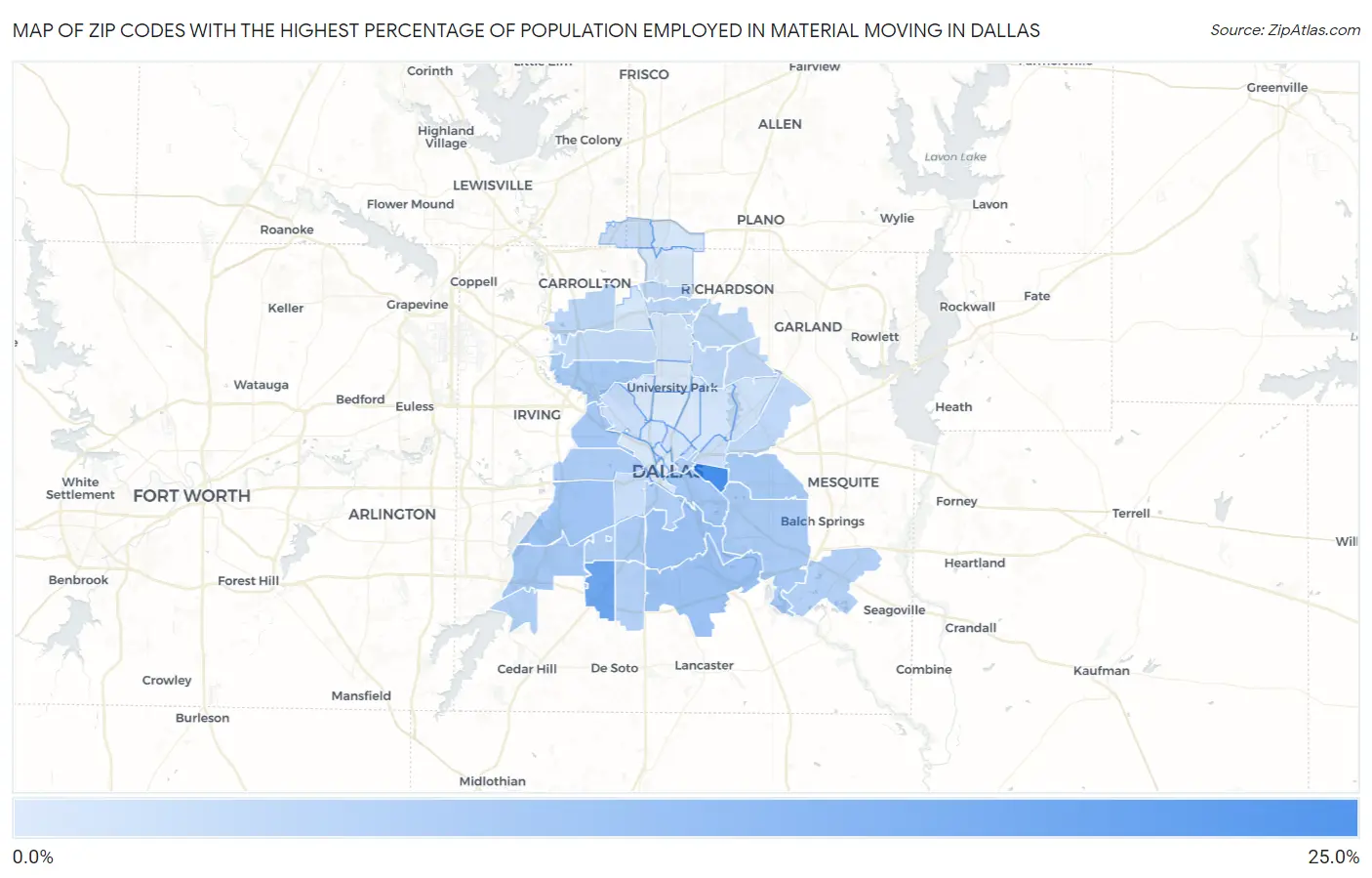 Zip Codes with the Highest Percentage of Population Employed in Material Moving in Dallas Map