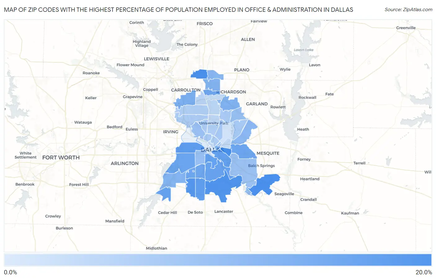 Zip Codes with the Highest Percentage of Population Employed in Office & Administration in Dallas Map
