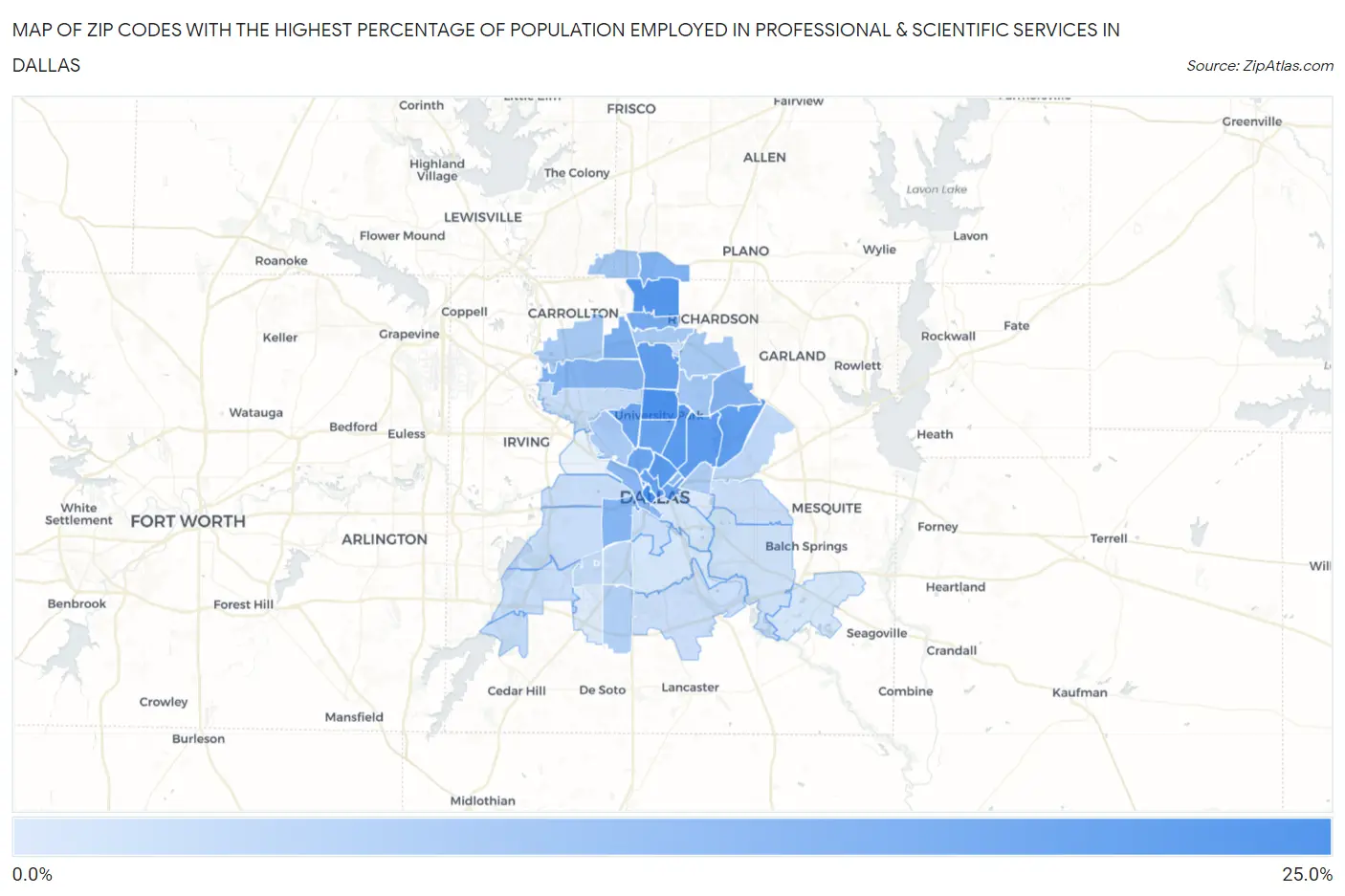 Zip Codes with the Highest Percentage of Population Employed in Professional & Scientific Services in Dallas Map