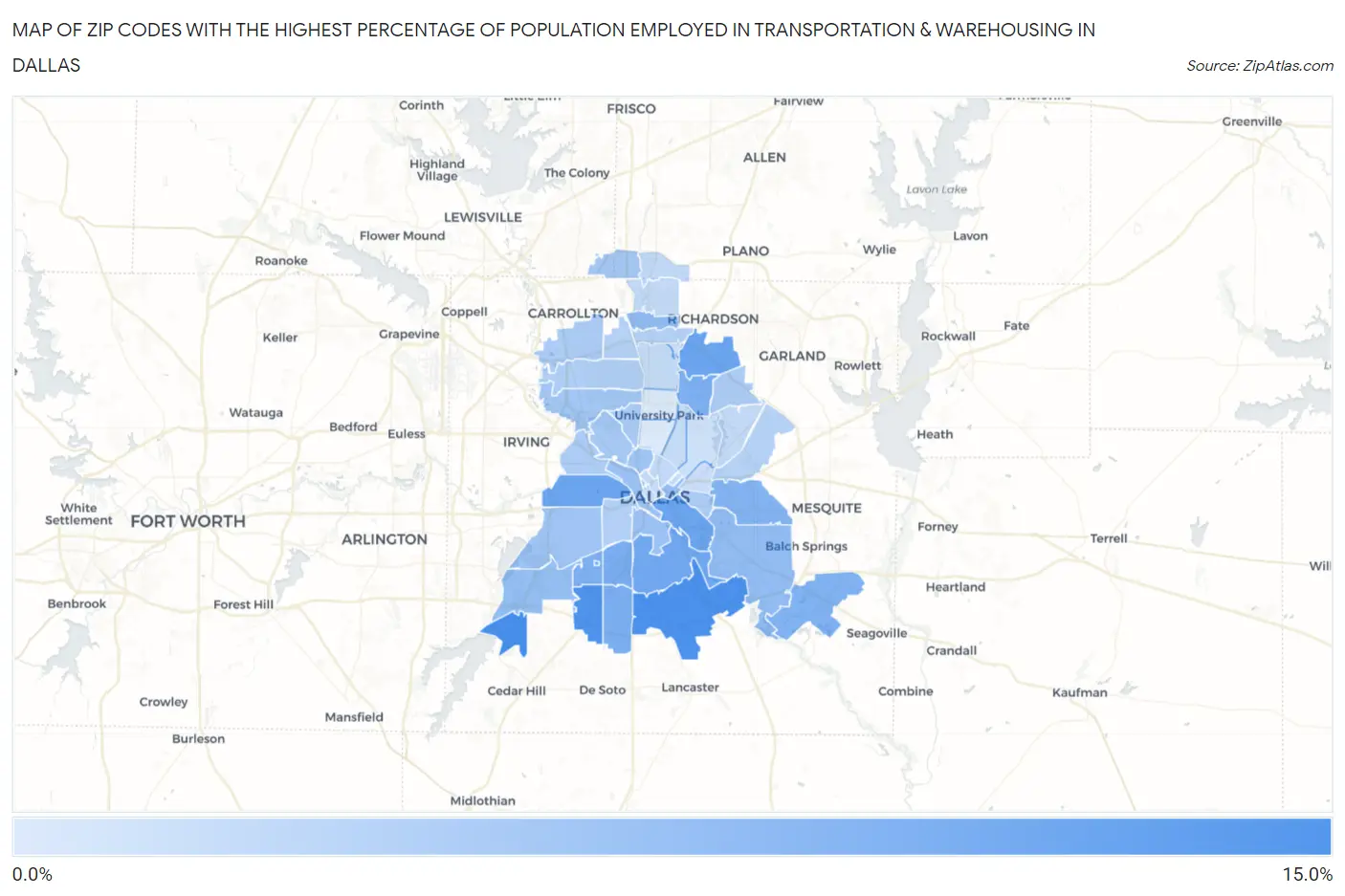 Zip Codes with the Highest Percentage of Population Employed in Transportation & Warehousing in Dallas Map