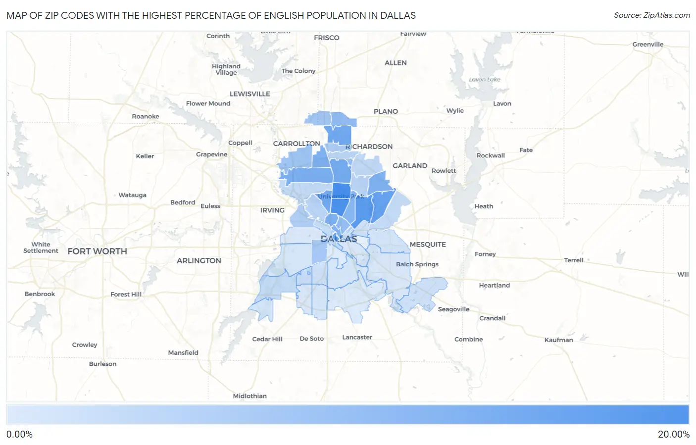 Zip Codes with the Highest Percentage of English Population in Dallas Map