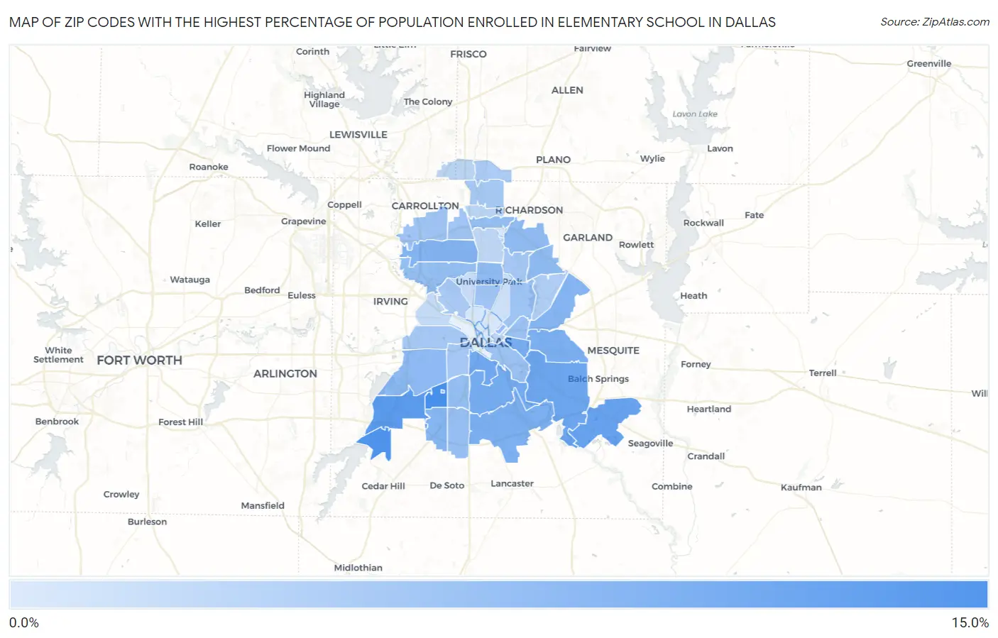 Zip Codes with the Highest Percentage of Population Enrolled in Elementary School in Dallas Map