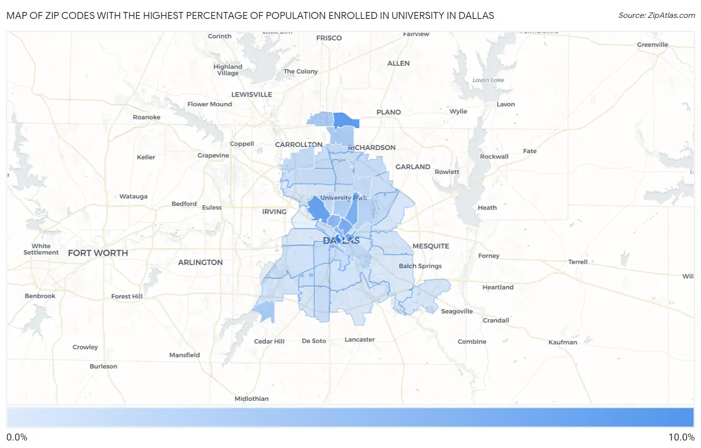 Zip Codes with the Highest Percentage of Population Enrolled in University in Dallas Map