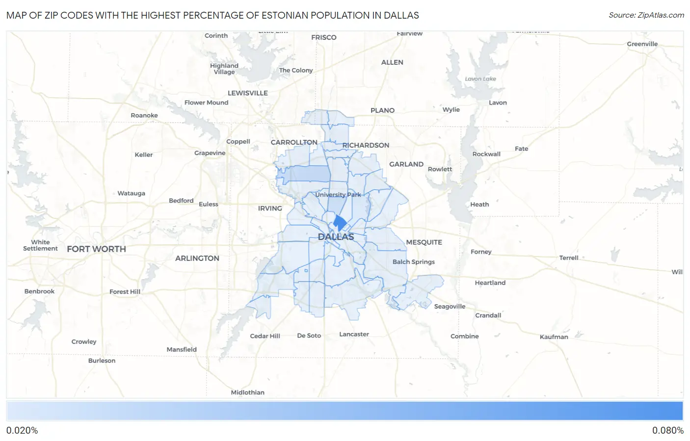 Zip Codes with the Highest Percentage of Estonian Population in Dallas Map